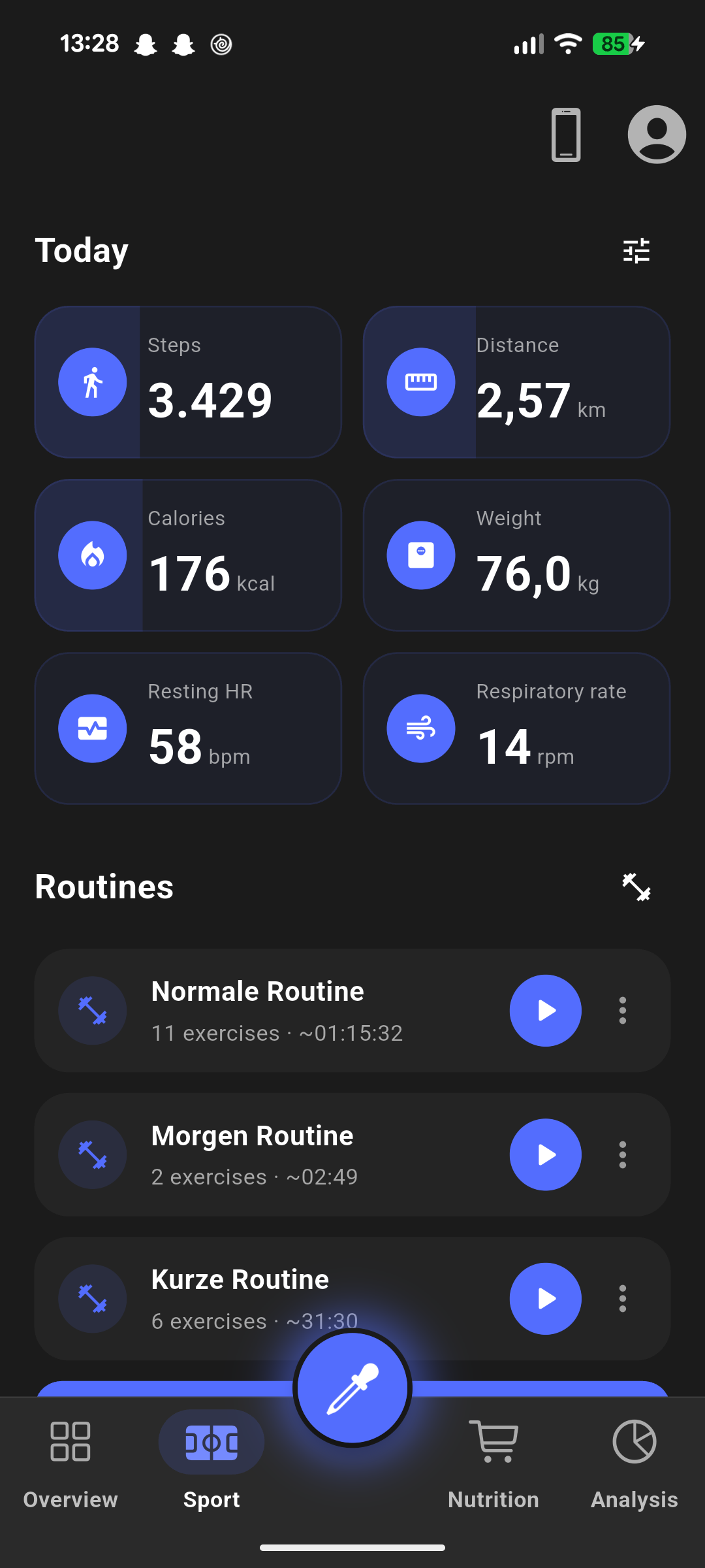 The Insulink app showing activity and health data