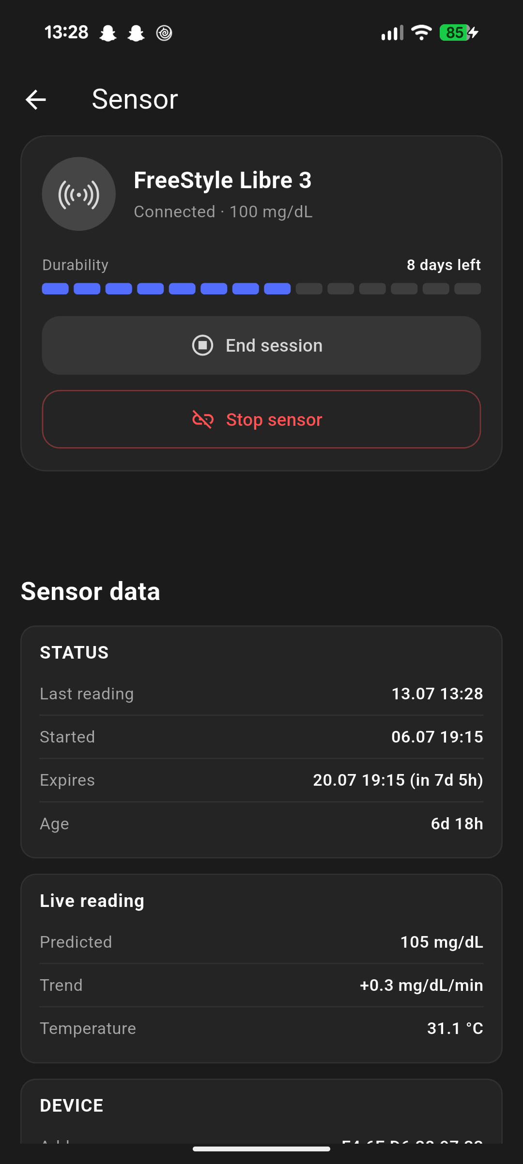 The Insulink app showing the live sensor connection